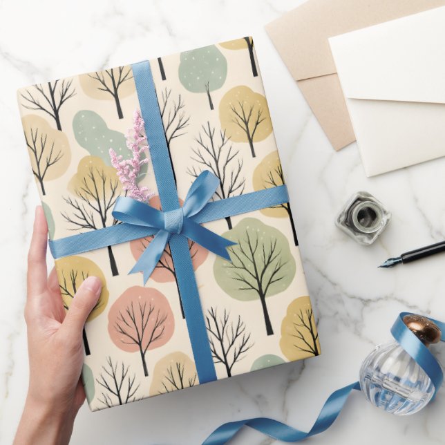 Minimalist Fall Tree Pattern Pastel Autumn Forest Wrapping Paper (Gifting)