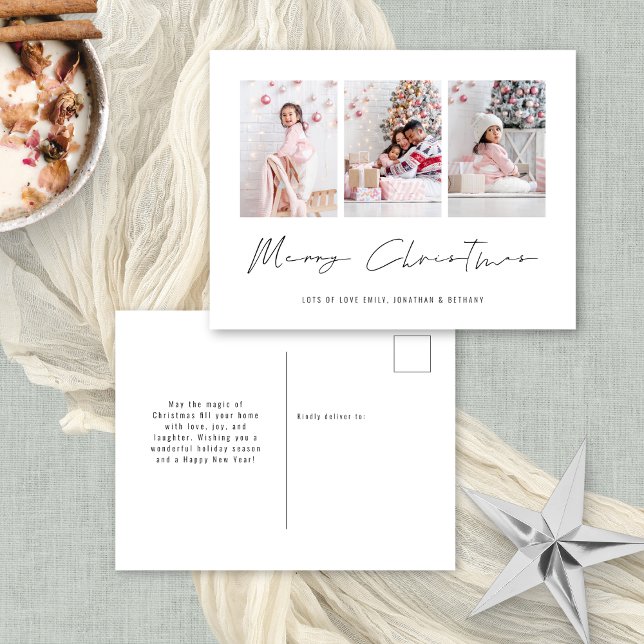 Minimalist Family 3 Photos Merry Christmas Holiday Postcard (Add your favorite 3 photos! Convenient postcard alternative)