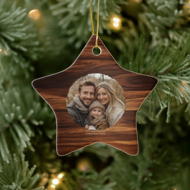 Minimalist Family Photo Personalised Woodgrain  Ceramic Tree Decoration (Tree)