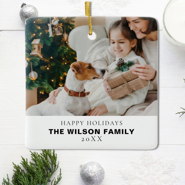 Minimalist Family Photo With Pets Christmas Ceramic Ornament (Creator Uploaded)