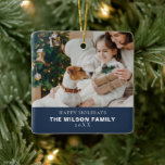 Minimalist Family Photo With Pets Christmas Ceramic Ornament<br><div class="desc">Introducing our "Navy Blue Christmas Decor Collection, " a sophisticated and timeless ensemble that brings elegance and a touch of nautical charm to your holiday festivities. This collection features an exquisite array of navy blue Christmas tree decorations, ornaments, and accessories that add depth and richness to your holiday decor. Whether...</div>