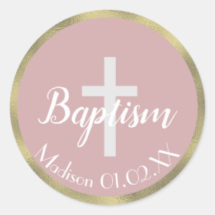 Minimalist Faux Gold Baptism Cross Child's Name Classic Round Sticker