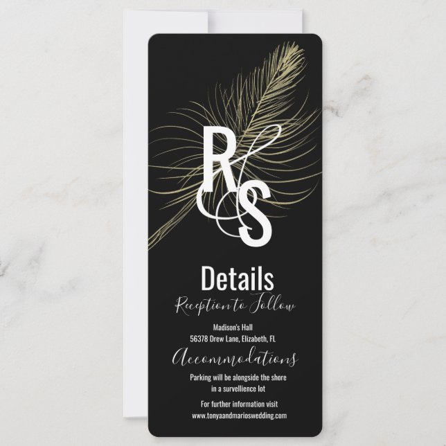 Minimalist Faux Gold Feather Bohemian Details Invitation (Front)