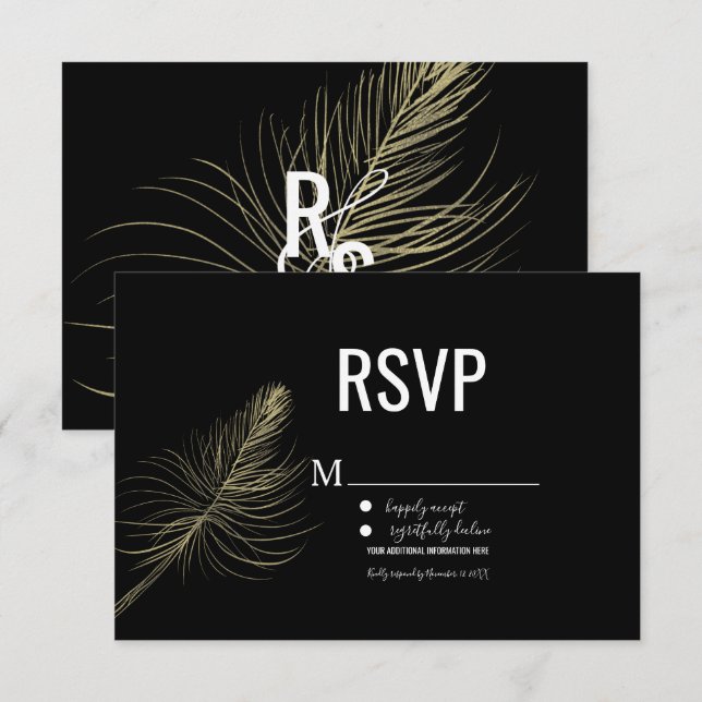 Minimalist Faux Gold Feather Bohemian RSVP Invitation (Front/Back)