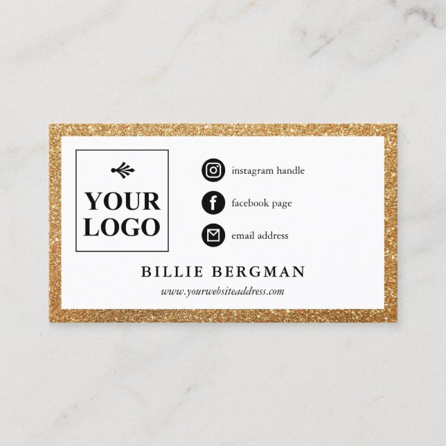 Minimalist Faux Gold Glitter Social Media Logo Business Card (Front)