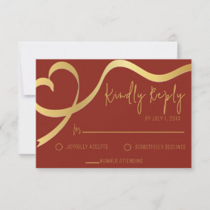 Minimalist Faux Gold Ribbon Wedding RSVP Maron Card