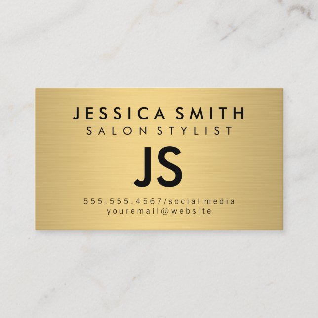 Minimalist Faux Metallic Gold Brushed / Monogram Business Card (Front)