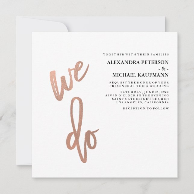 Minimalist Faux Rose Gold Typography Wedding Invitation (Front)