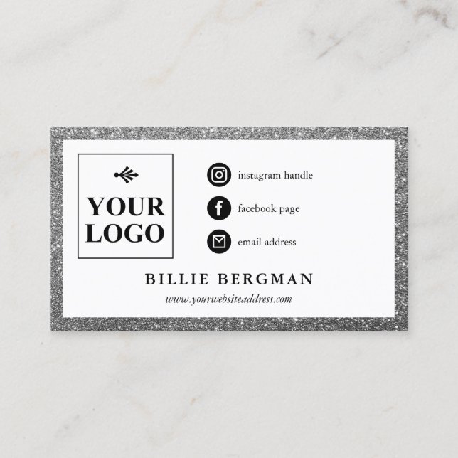 Minimalist Faux Silver Glitter Social Media Logo Business Card (Front)