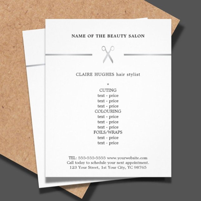 Minimalist Faux Silver Scissor Hairstylist Menu (Creator Uploaded)