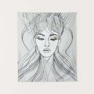 Minimalist Female Portrait Line Art Print Tapestry