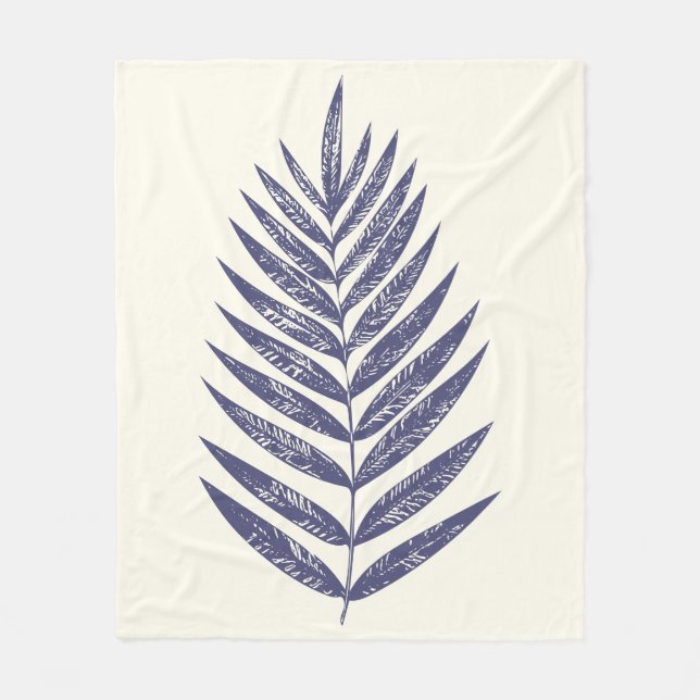 Minimalist Fern Palm Leaves Navy Blue Nature Art Fleece Blanket (Front)