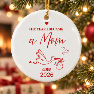 Minimalist Festive Red The Year I Became A Mum Ceramic Tree Decoration
