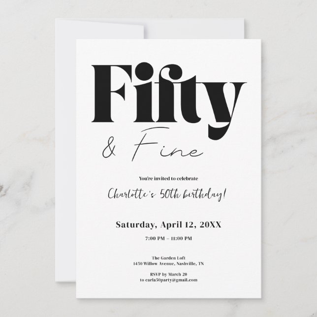 Minimalist Fifty & Fine 50th Birthday Invitation (Front)