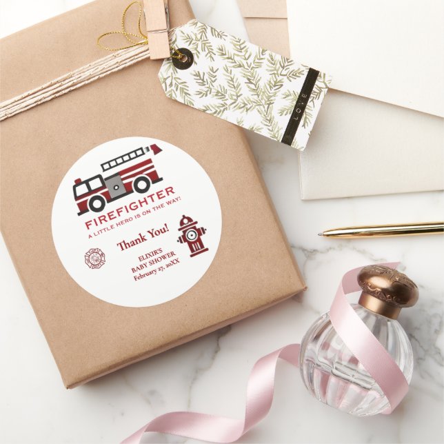 Minimalist Firefighter "Little Hero" Baby Shower Classic Round Sticker (Gifting)