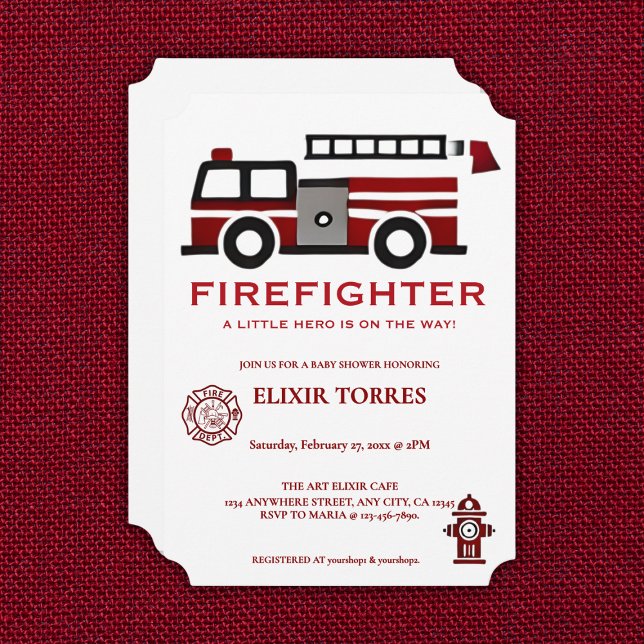 Minimalist Firefighter "Little Hero" Baby Shower Invitation (Creator Uploaded)