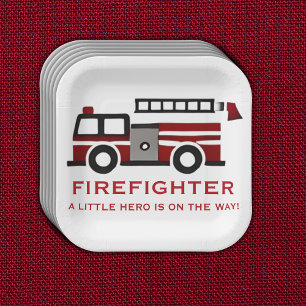 Minimalist Firefighter "Little Hero" Baby Shower Paper Plate