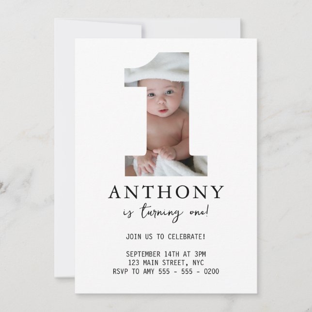 Minimalist First Birthday Invitation Photo Modern  (Front)