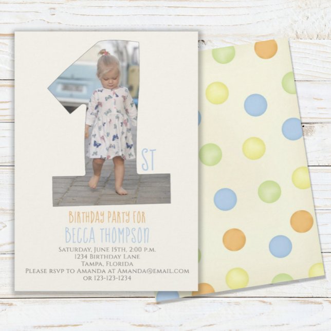 Minimalist First Birthday Simple Cute Dots Photo  Invitation (Creator Uploaded)