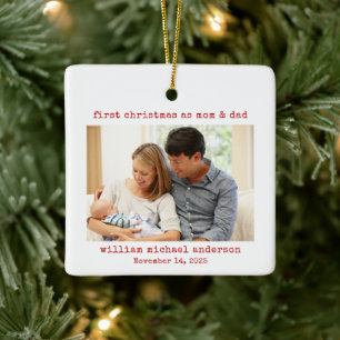 Minimalist First Christmas as Mom & Dad Photo Ceramic Ornament