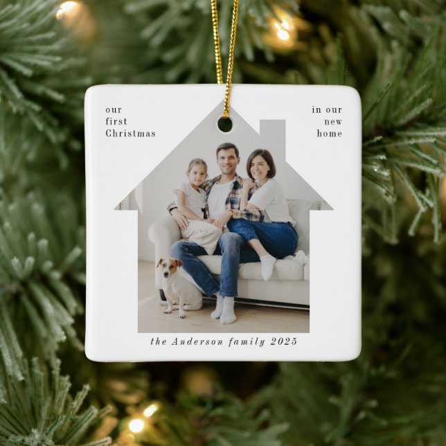 Minimalist First Christmas In Our New Home Photo Ceramic Ornament (Tree)