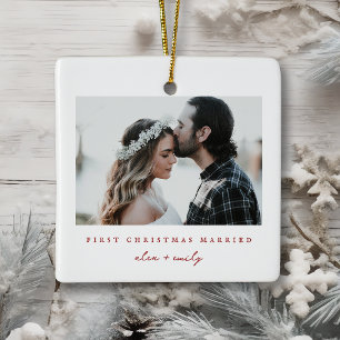Minimalist First Christmas Married Photo Ceramic Ornament