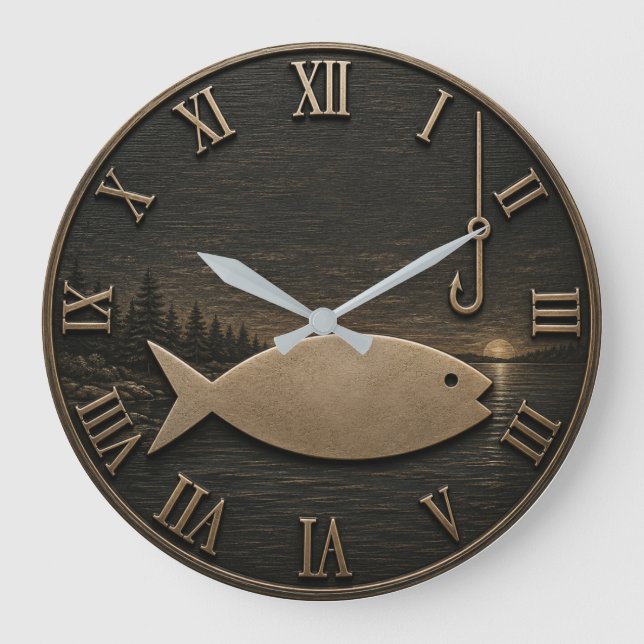 Minimalist Fishing Rustic Fisherman Cabin Gift Large Clock (Front)