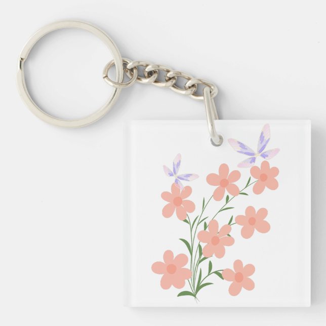 Minimalist Flat Vector Peach Flower Spray  Key Ring (Front)