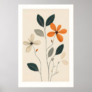 Minimalist Floral Art Print Beige, Green & Orange