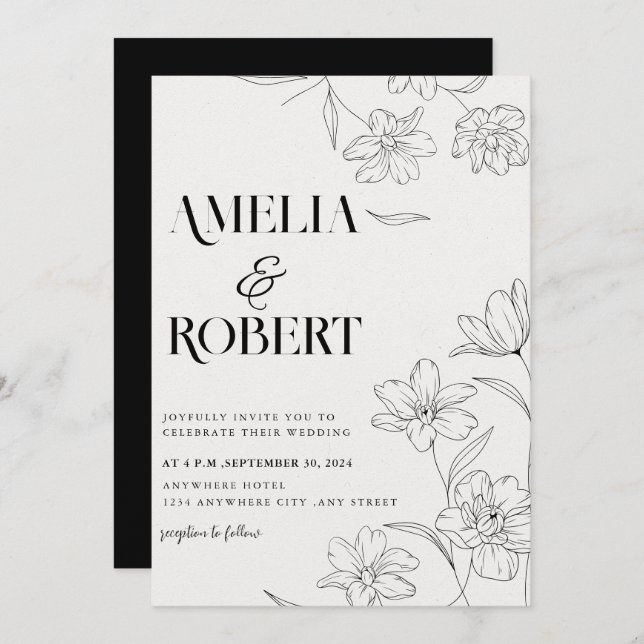 Minimalist floral Black and white Wedding Invitation (Front/Back)