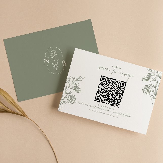 Minimalist Floral Boho Sage Green Wedding QR Code RSVP Card (Creator Uploaded)