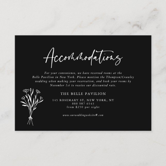 Minimalist Floral Bouquet Black Accommodations Enclosure Card (Front)