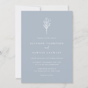 Minimalist Floral Bouquet Dusty Blue Wedding Invitation