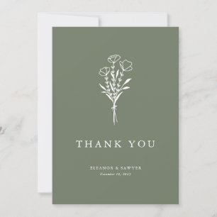 Minimalist Floral Bouquet Taupe Green Wedding Thank You Card