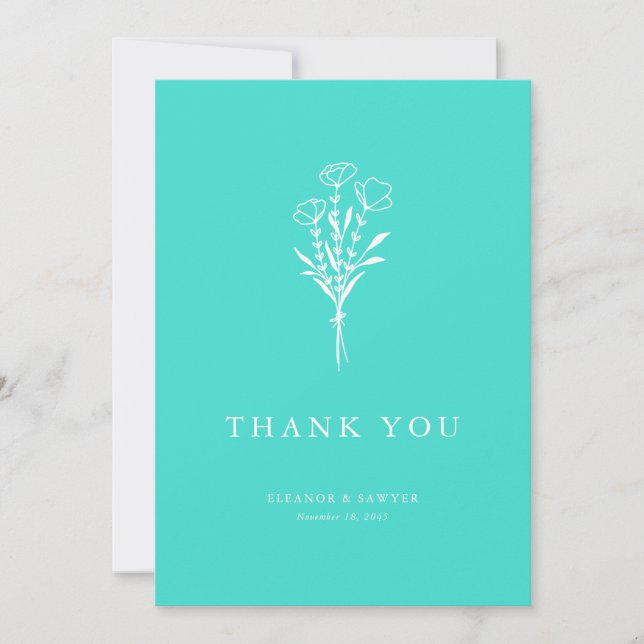 Minimalist Floral Bouquet Turquoise Wedding Thank You Card (Front)