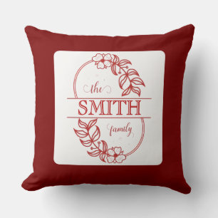 Minimalist Floral Burgundy Custom Family Typograph Cushion
