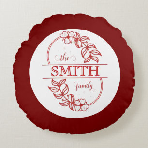 Minimalist Floral Burgundy Custom Family Typograph Round Cushion