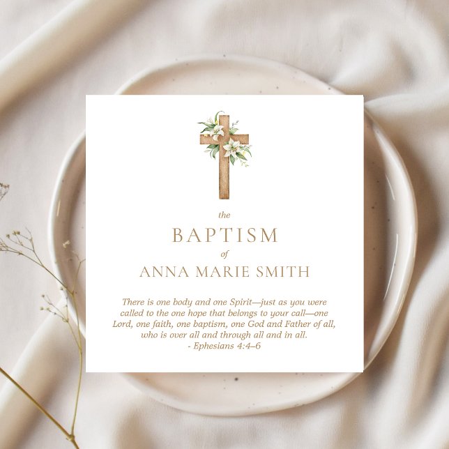 Minimalist Floral Cross Baptism Bible Verse Napkin (Personalized Baptism Napkins Floral Cross Bible Verse)