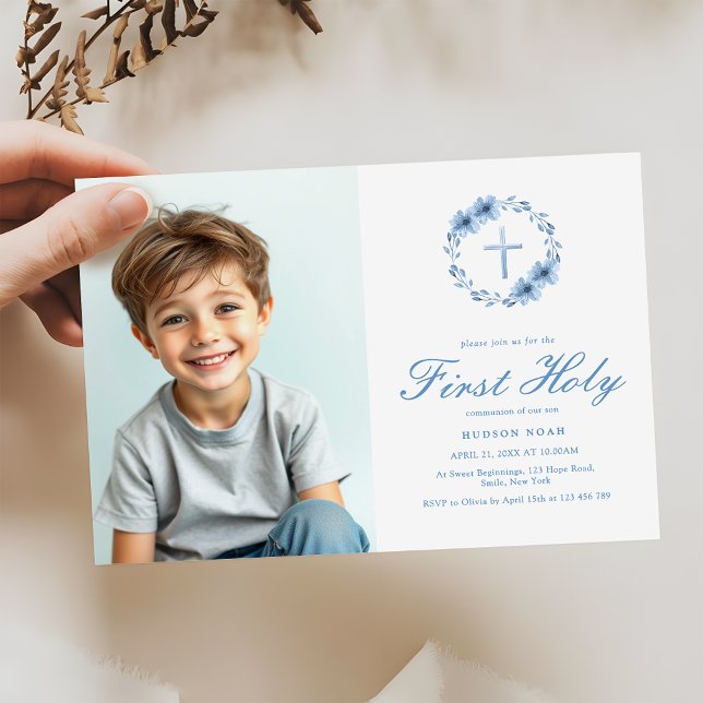 Minimalist Floral Cross Boys First Communion Invitation (Creator Uploaded)