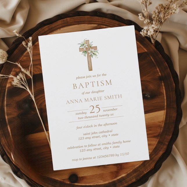 Minimalist Floral Cross Modern Baptism  Invitation (Baptism Minimalist Modern Watercolor Cross Christening Invitation)