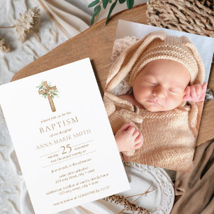 Minimalist Floral Cross Modern Baptism Photo Invitation