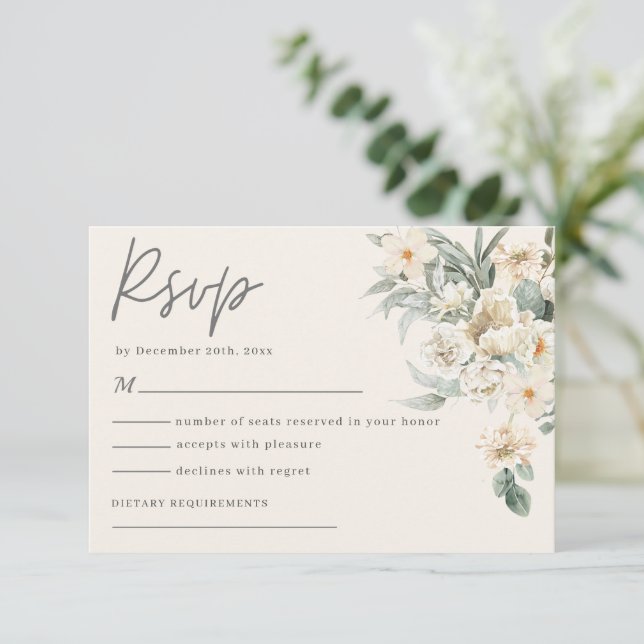 Minimalist Floral earthy tones eden blue Wedding RSVP Card (Standing Front)