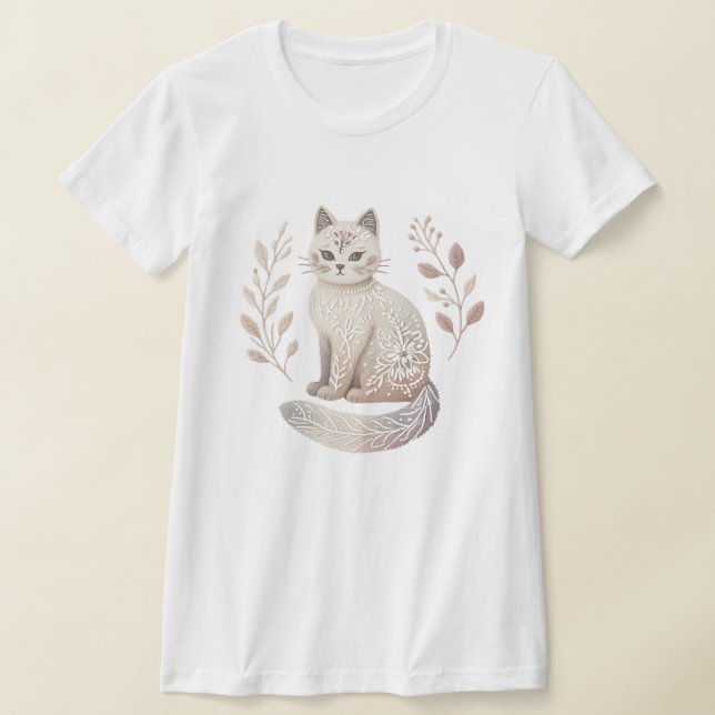 Minimalist Floral Feline Art Boho Chic Cat T-Shirt (Laydown)