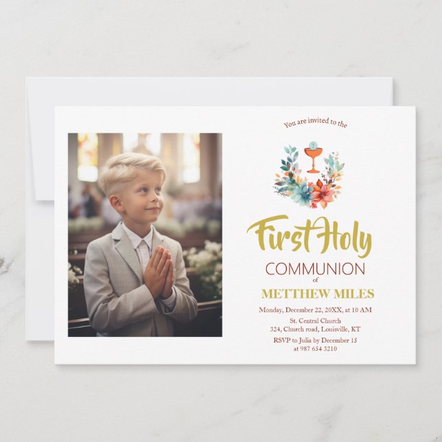 Minimalist floral first catholic communion invitation (Front)