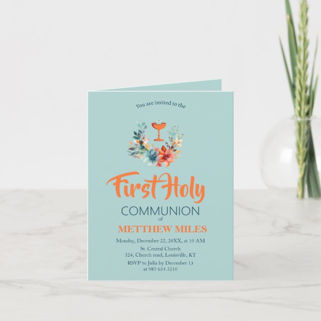Minimalist floral first catholic communion invitation (Front)