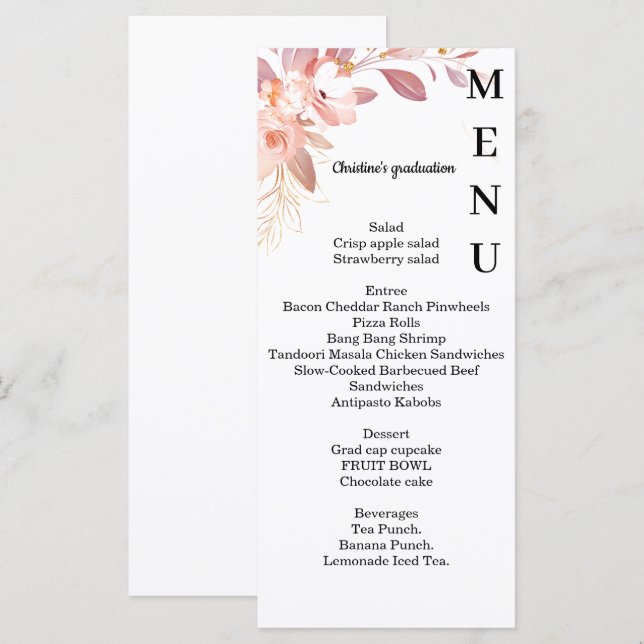 Minimalist floral Graduation dinner menu, Menu (Front/Back)