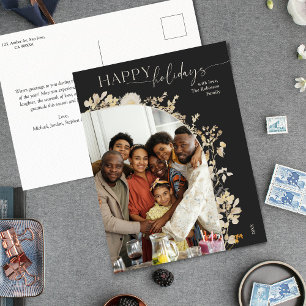 Minimalist Floral Happy Holidays 1 Family Photo Holiday Postcard