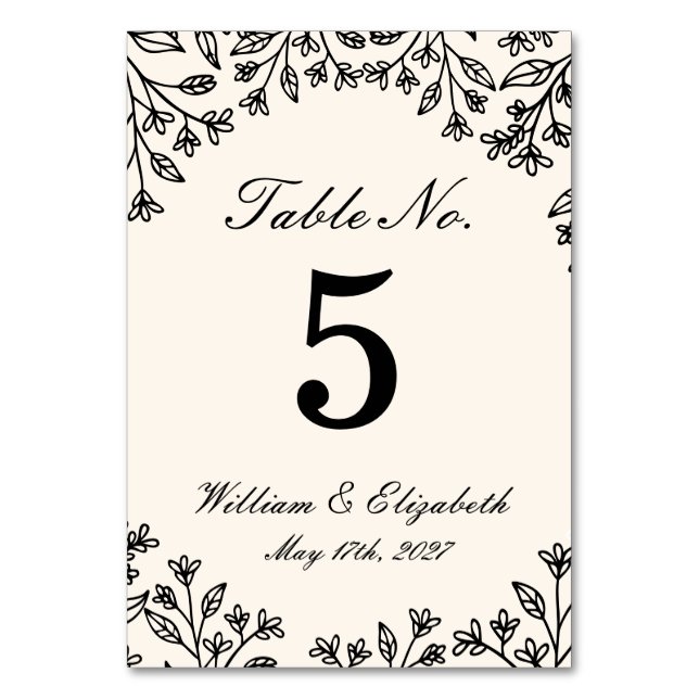 Minimalist Floral Ivory Wedding Table Number (Front)