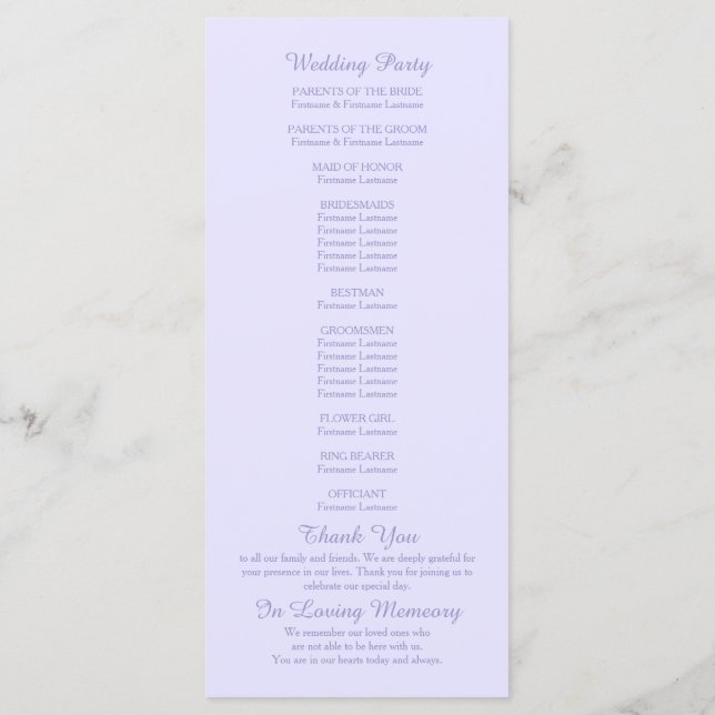 Minimalist Floral Lavender Wedding Program Programme (Back)