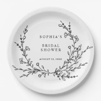Minimalist Floral Line Art Bridal Shower Paper Plate